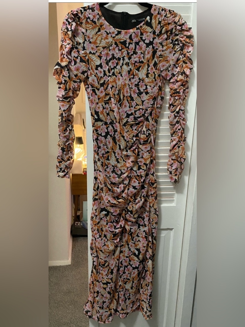 Zara Black Maxi Dress with Pink and Gold Floral Print